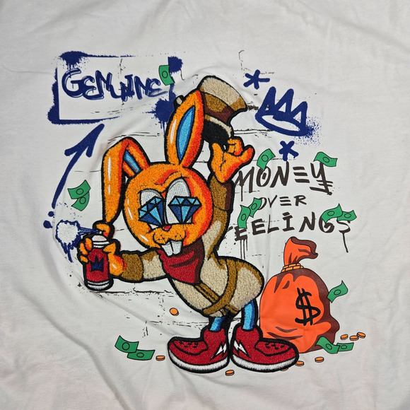 Vintage Money Over Feelings T-Shirt Men’s 2XL Fuzzy 3D Rabbit Graphic Y2K Rap T - Picture 2 of 7